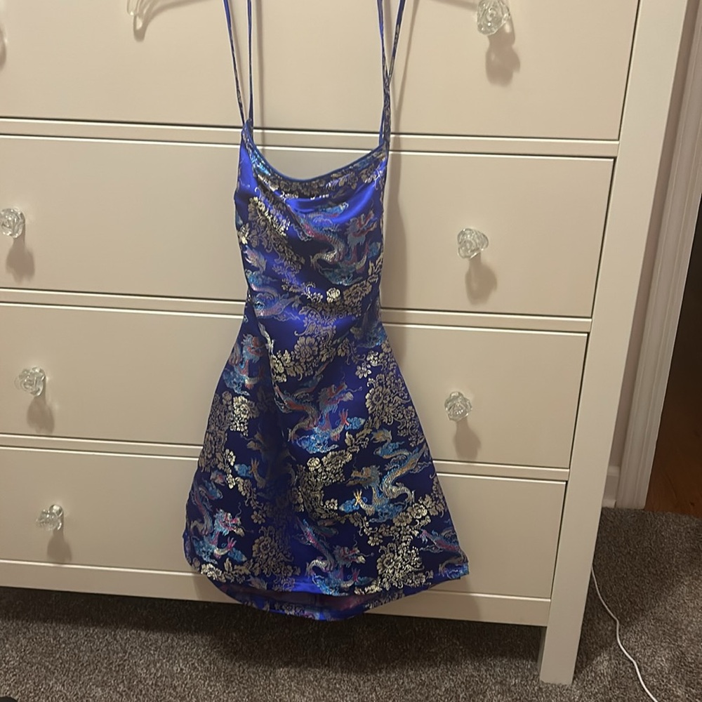CURRENT MOOD “NEW SOLACE” DRESS Electric Blue JACQUARD Satin Mini Small Floral